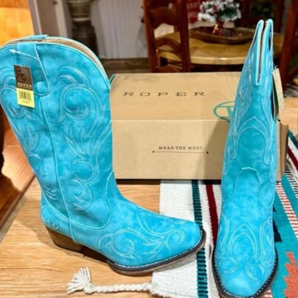 🆕Women Blue Leather-and-Synthetic  Vintage Flexible Outsole Cowgirl Boots